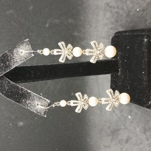 Vintage Rhinestone Flower Faux Pearl Dangle Earrings